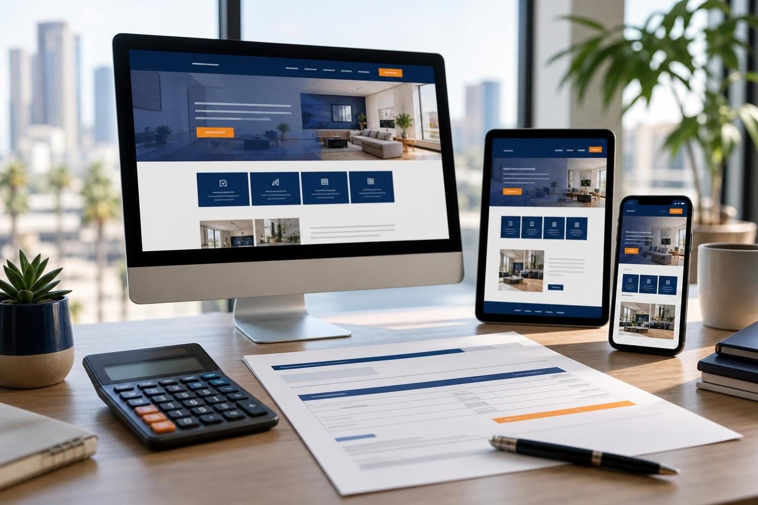 A redesigned business website shown on a desktop monitor, a tablet and a phone on an office desk, with a calculator, a printed cost estimate and a pen in the foreground and a sunlit city view through the window